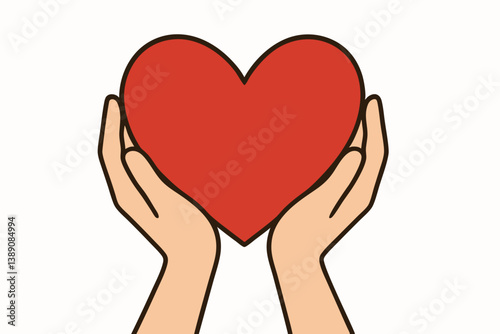 Minimalist Red Heart Held in Caring Hands Vector Illustration for Love, Charity, Compassion, Support, Healthcare, Valentine's Day, Donation, Kindness, and Emotional Concepts in Simple Line Art Style