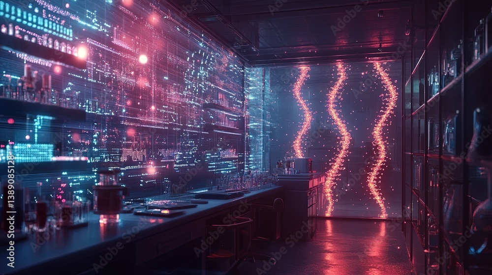 custom made wallpaper toronto digitalA surreal laboratory glowing with holographic elements and floating DNA sequences