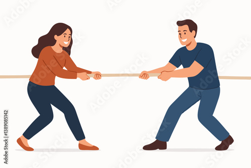 Playful Tug of War Vector Illustration with Man and Woman in Casual Clothes, Friendly Competition Concept for Teambuilding Activities, Cooperation and Partnership Metaphor in Minimalist Flat Style