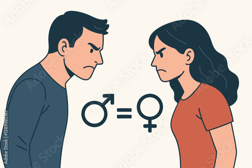 Gender Equality Concept: Angry Man and Woman Confrontation with Male and Female Symbols, Minimalist Vector Illustration for Workplace Diversity, Equal Rights Movement, and Modern Social Dynamics
