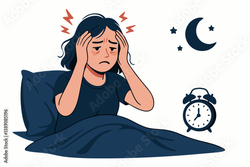 Sleepless Night Suffering Woman with Migraine Headache Illustration, Tired Female Character in Bed with Insomnia and Pain, Health Problem Vector Graphic with Moon and Alarm Clock, Medical Concept Art