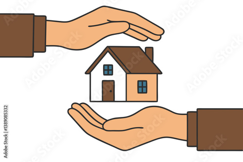 Protective Hands Holding Small House Vector Illustration, Home Security and Property Protection Concept, Real Estate Care Symbol, Housing Insurance Metaphor, Residential Safety Icon