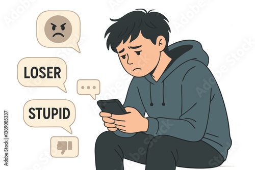 Teenage Cyberbullying Concept Vector Illustration with Sad Boy Reading Negative Messages on Smartphone, Online Harassment, Social Media Bullying, Digital Abuse, Mental Health Impact, Youth Depression