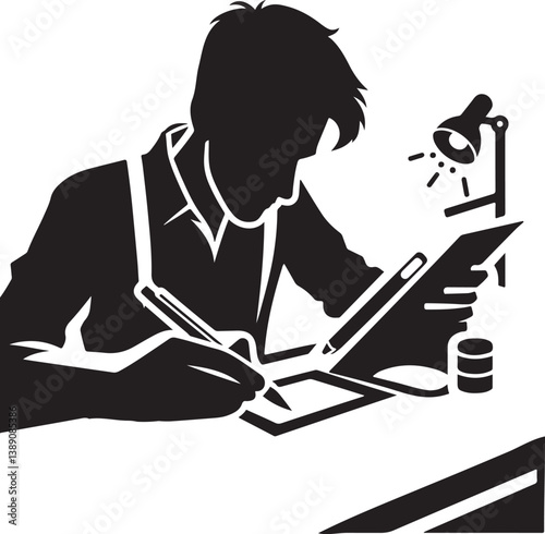 Silhouette vector of a graphic designer creating content at a desk with tools, ideal for creative work, digital design, and branding visuals.