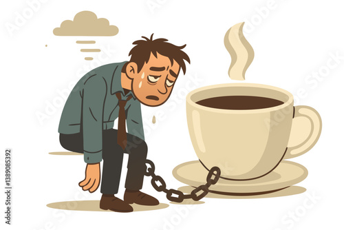 Coffee Addiction Concept: Exhausted Businessman Chained to Giant Coffee Cup, Workplace Burnout Metaphor, Caffeine Dependency Illustration, Modern Minimalist Vector Art for Office Culture Themes