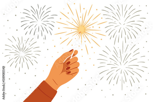 Hand Holding Sparkler with Festive Fireworks Background, Celebratory Night Scene for Holiday Parties and Events