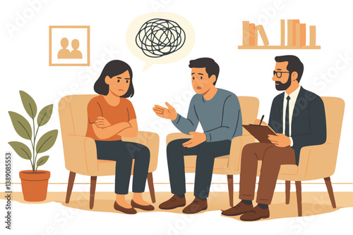 Group Therapy Session Illustration with Counselor, Couple Discussing Emotional Challenges in Modern Interior Setting, Concept of Mental Health Support and Communication