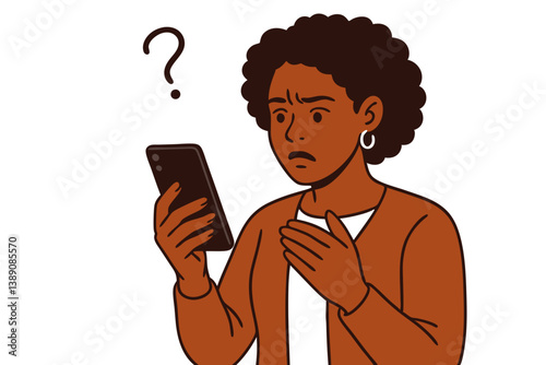 Confused African American Woman Looking at Smartphone with Question Mark, Digital Communication Problem Vector Illustration, Modern Minimalist Style for Social Media Anxiety Concept