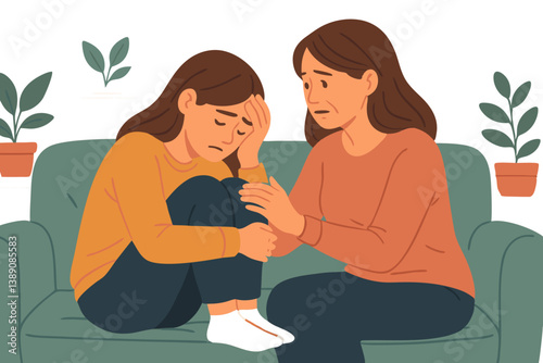 Emotional Support Illustration: Compassionate Woman Comforting Distressed Teen on Couch, Minimalist Vector Art with Houseplants, Mental Health Awareness, Family Counseling Scene in Warm Colors