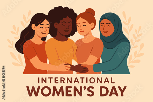 Diverse Women Unity Illustration for International Women's Day Celebration with Multicultural Female Characters Embracing in Solidarity Against Warm Beige Background with Decorative Foliage Elements