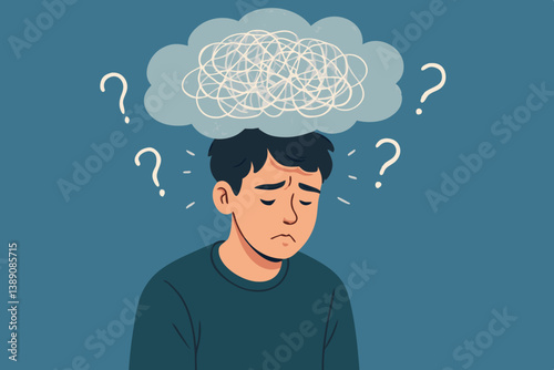 Anxious Man with Tangled Thoughts: Vector Illustration of Mental Confusion, Stress, and Overthinking in Modern Minimalist Style for Psychology and Mental Health Awareness Campaigns