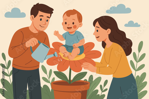 Nurturing Family Moments Vector Illustration: Happy Parents and Baby Growing Together with Flower Symbolism, Colorful Flat Design for Parenting, Family Bonding, and Child Development Themes