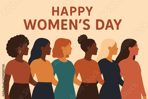 Happy International Women's Day Celebration Vector Illustration with Diverse Female Profiles Standing Together in Solidarity, Minimalist Modern Graphic Design with Warm Earth Tone Color Palette