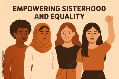 Diverse Women Unity Vector Illustration, Female Empowerment and Equality Concept with Multicultural Characters, Feminist Movement Solidarity Artwork in Warm Earth Tones for Social Justice Campaigns