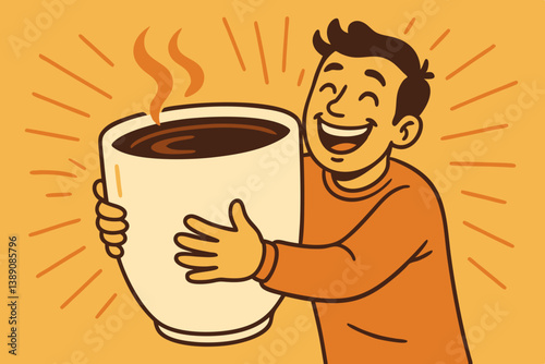 Joyful Man Embracing Oversized Coffee Mug with Steaming Hot Beverage in Retro Comic Style Illustration with Warm Orange Background and Radial Lines for Cafe Branding and Coffee Lover Merchandise
