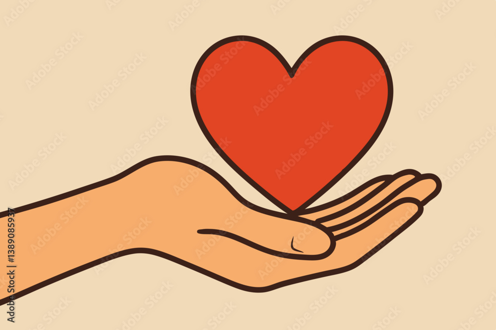 Minimalist Hand Holding Red Heart Vector Illustration, Compassionate Giving Gesture on Beige Background, Symbolic Graphic for Charity, Love, Care, Donation, Support, and Humanitarian Aid Concepts Minimalist Hand Holding Red Heart Vector Illustration, Compassionate Giving Gesture on Beige Background, Symbolic Graphic for Charity, Love, Care, Donation, Support, and Humanitarian Aid Concepts