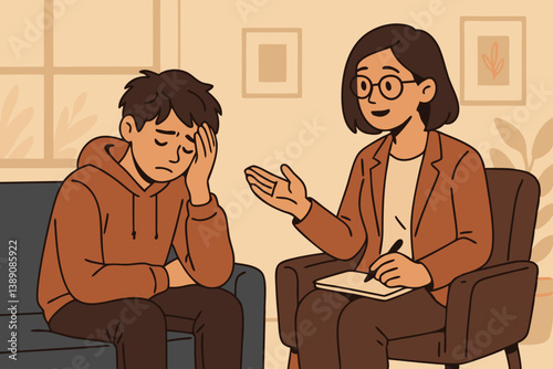 Warm Minimalist Therapy Session Illustration with Distressed Young Man and Supportive Female Therapist in Cozy Office Setting, Mental Health Counseling Vector Graphic for Wellness and Psychology