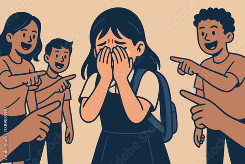 Emotional School Bullying Illustration: Distressed Student Covering Face While Classmates Point and Mock, Social Issue Awareness Vector Graphic for Education and Anti-Bullying Campaigns