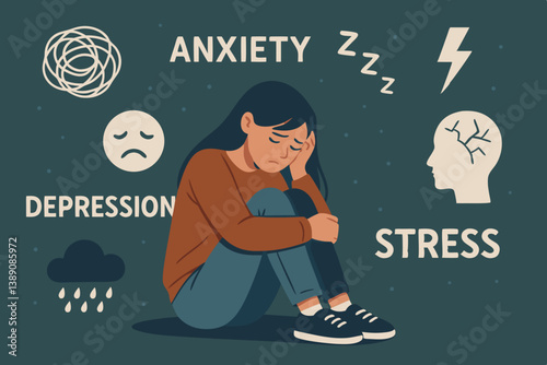 Mental Health Struggle Concept: Young Woman Experiencing Anxiety, Depression and Stress Illustrated with Symbolic Elements on Dark Teal Background, Emotional Wellbeing Vector Illustration