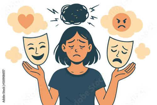 Emotional Duality Concept Vector Illustration with Woman Holding Theatre Masks, Mental Health Visualization with Anxiety Thought Bubble, Mood Disorder Representation in Minimalist Style