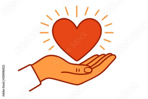 Compassionate Hand Offering Glowing Red Heart: Vector Illustration for Charity, Love, Care, and Humanitarian Aid Concepts in Vibrant Orange and Red Tones