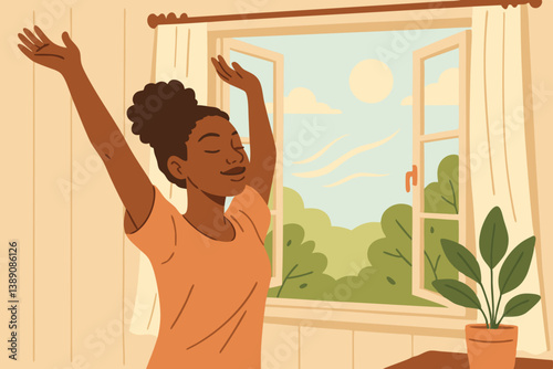 Joyful African American Woman Stretching Arms at Sunrise, Morning Wellness Routine Illustration, Peaceful Home Interior with Open Window, Mindful Self-Care Moment, Healthy Lifestyle Vector Art