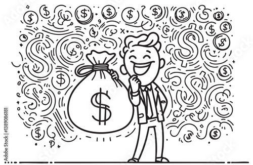 Cartoon person with a bag of money. Launder money line icon. Cash corruption sign. Tax avoidance symbol. Launder money. Doodles