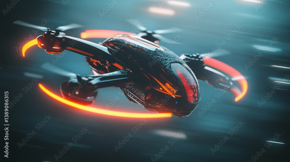 Fototapeta premium 70.A drone suspended mid-air in a dimly lit environment, with its rotating blades barely visible, highlighting the sharp edges and intricate design of its body.
