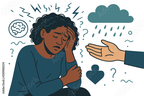 Mental Health Awareness Vector Illustration with Person Experiencing Anxiety and Emotional Distress, Supportive Hand Reaching Out, Brain Symbol and Weather Metaphors, Minimalist Teal Color Palette