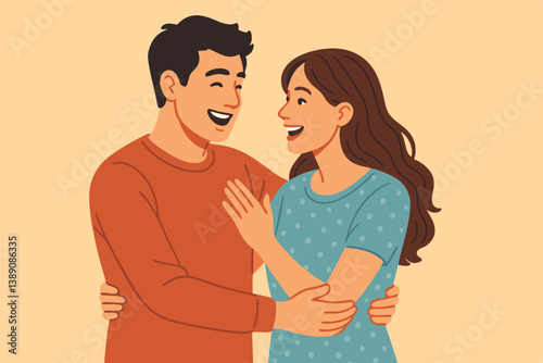 Joyful Young Couple Embracing and Laughing Together, Romantic Relationship Illustration with Warm Color Palette, Minimalist Vector Design for Dating Apps, Greeting Cards and Relationship Concepts