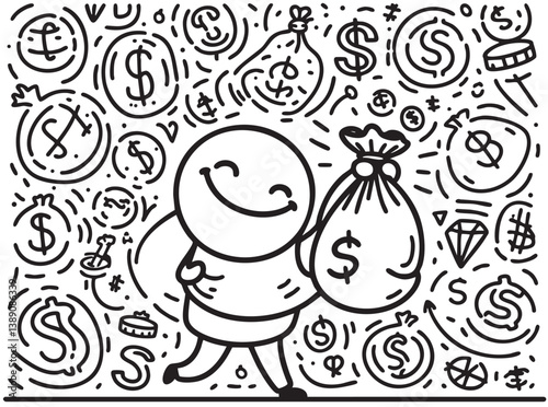 Cartoon person with a bag of money. Launder money line icon. Cash corruption sign. Tax avoidance symbol. Launder money. Doodles