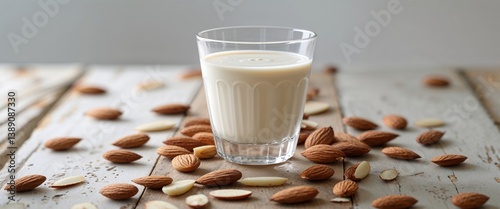Almond milk in glass with almonds on wooden table