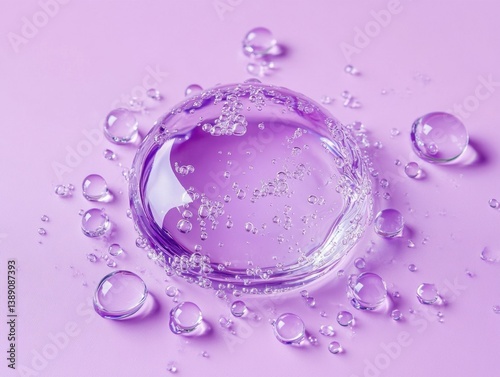 Captivating Close Up of Water Droplets on a Soft Purple Surface Evoking Freshness Purity and Serenity in a Modern Aesthetic
