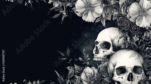 Elegant grayscale floral illustration with skulls, dark background, and textured design.