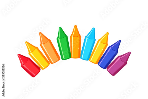 Vibrant illustration of colored crayons forming an arc on a white background. Showcasing a spectrum of bright colors, this image is perfect for creative and educational themes.
