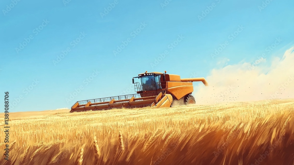 Fototapeta premium 104.A large combine harvester moving through a golden wheat field, its mechanical arms processing crops as dust and chaff scatter into the air under a clear blue sky.