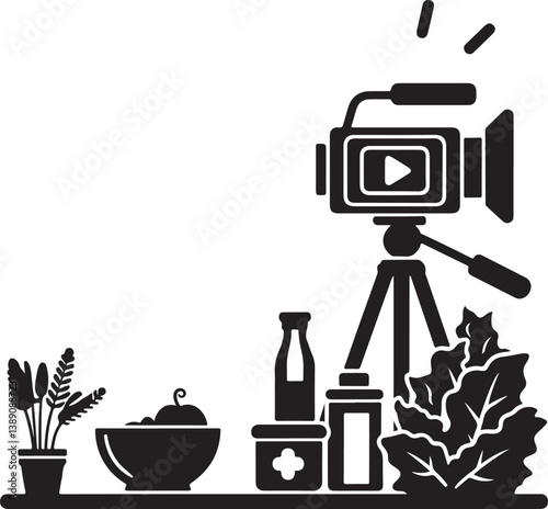 Silhouette vector of a food vlogging setup with camera, tripod, and food scene—perfect for cooking channels, tutorials, and content creators.