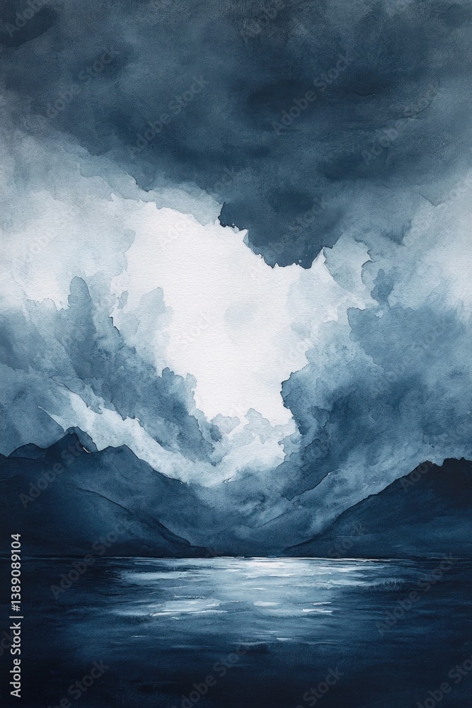 Obraz premium Watercolor painting of mountains reflecting on a tranquil lake