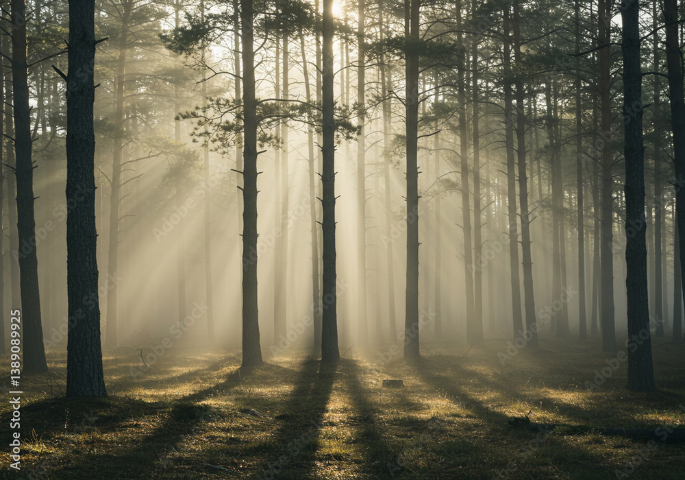Obraz premium [Generative AI] 안개 낀 숲 속 햇살