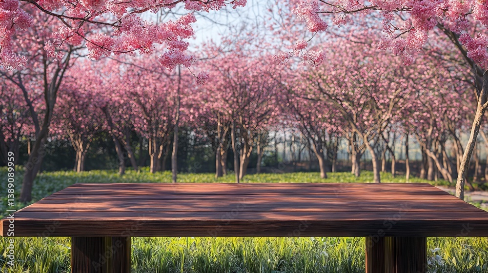 Empty rustic wooden table in a vibrant Sakura bloom park with soft garden bokeh background for springtime product display or mock-up Empty rustic wooden table in a vibrant Sakura bloom park with soft garden bokeh background for springtime product display or mock-up