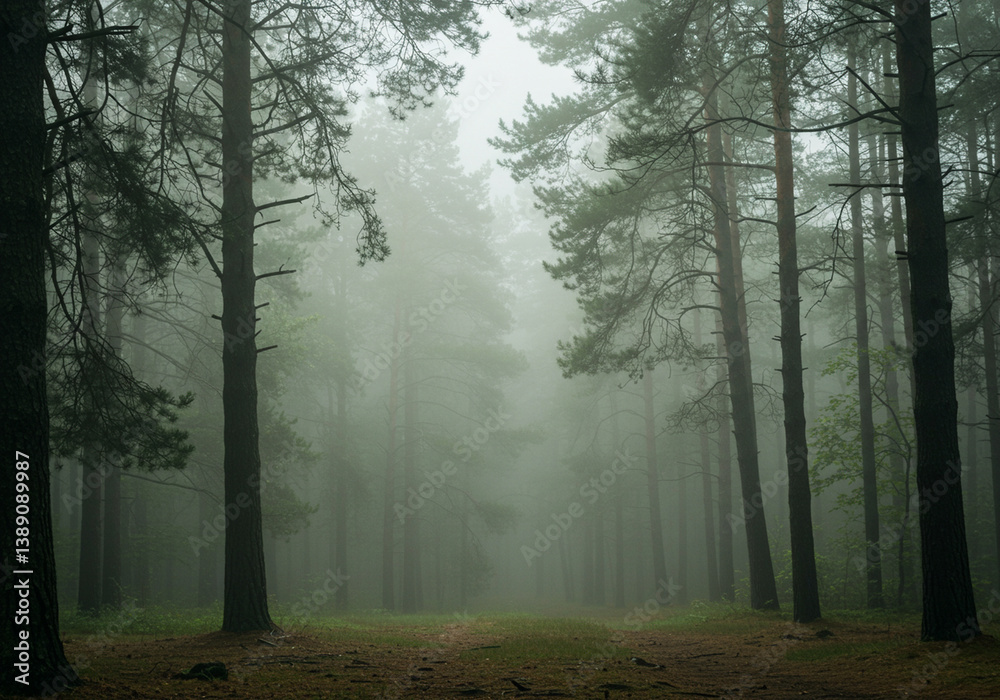 Obraz premium [Generative AI]안개 자욱한 숲길