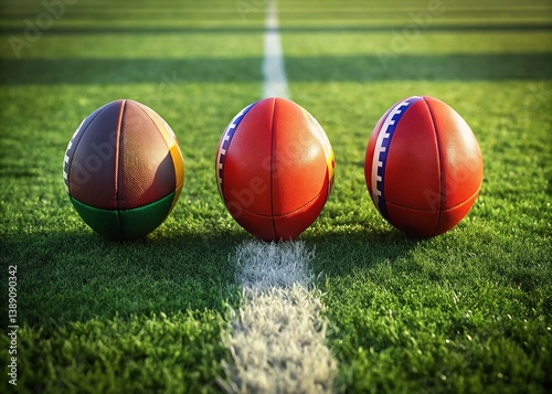 Obraz na płótnie Aussie Rules Footballs on Green Field - Copy Space for Text w salonie