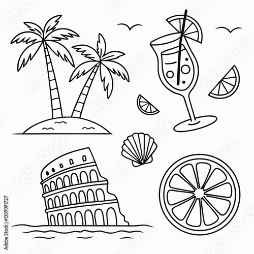 Hand-Drawn Summer Illustration Set – Italian Dolce Vita in Minimalist Line Art Featuring Palm Trees, Lemons, Cocktails, Sun & Sea, and Seashells