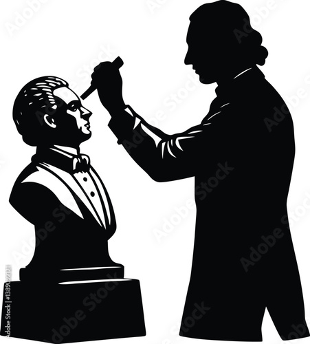 Silhouette Sculptor Shaping Bust in Black and White on white background
