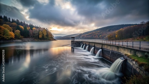 Autumnal Vielsalm: Long Exposure Water Flowing from Dam, Belgian Ardennes photo