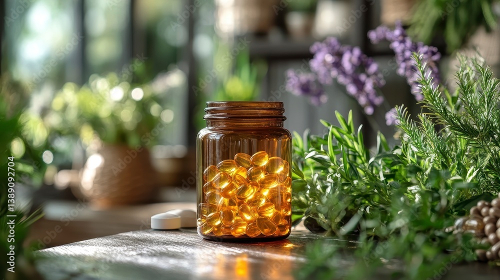 Jar filled with capsules next to plants, warm light Jar filled with capsules next to plants, warm light