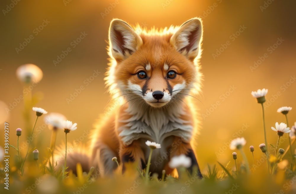 Fototapeta premium Fluffy red fox cub sitting in wildflowers