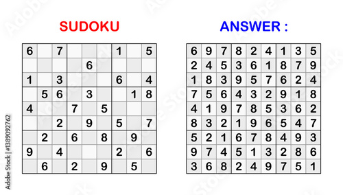 vector illustration of sudoku puzzle game and answer on white background