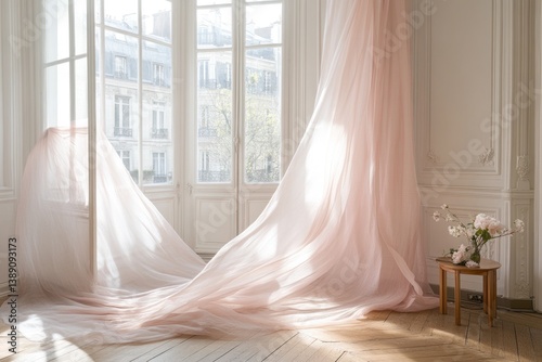 Light streams through the windows with flowing sheer pink curtains