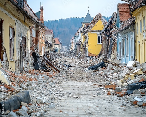 Romania earthquake tragedy, ruined buildings, collapsed structures, emotional chaos, people crying, heartbreaking disaster, realistic textures, epic scene, Midjourney style